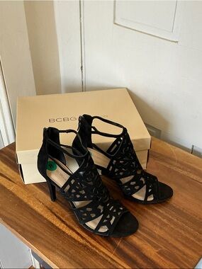 BCBG Black Suede Cutout Cage Stiletto Sandals